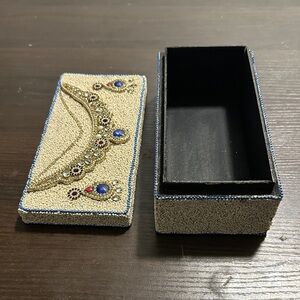 Elegant Beaded Brooch with Blue and Gold Accents